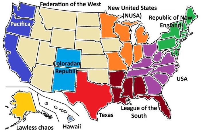 A humorous map showing the US divided into new regions, with Alaska as "Lawless chaos," perfect for Alaska memes.
