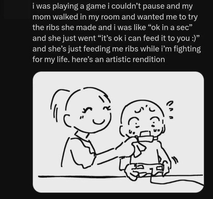 Simple black and white drawing of a mom feeding ribs to a child playing a game, Tumblr artists artwork.