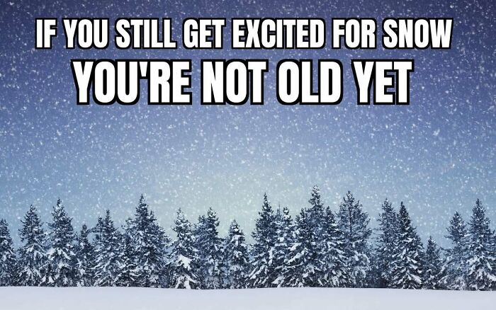 A humorous Alaska meme with text "IF YOU STILL GET EXCITED FOR SNOW YOU'RE NOT OLD YET" over a snowy forest.