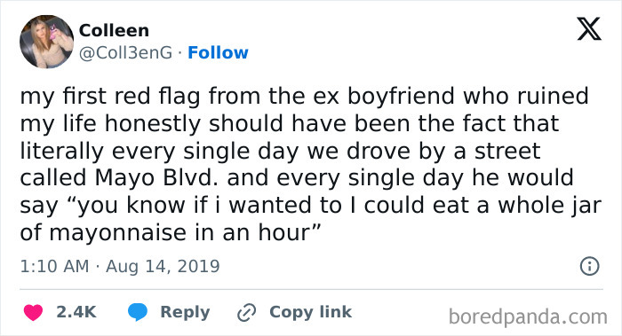 A tweet by Colleen sharing a funny red flag about an ex-boyfriend and his mayonnaise obsession. People share red flags.