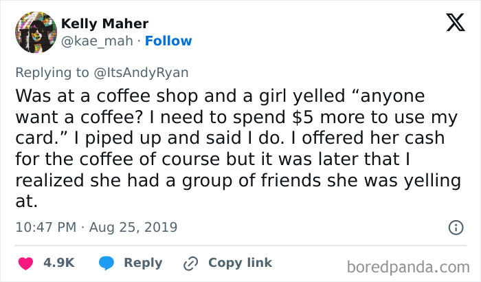 A Tweet by Kelly Maher detailing an embarrassing moment at a coffee shop. Highlighting embarrassing moments.