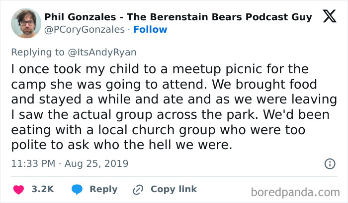 A tweet from Phil Gonzales describing an embarrassing moment of eating with the wrong group at a picnic.