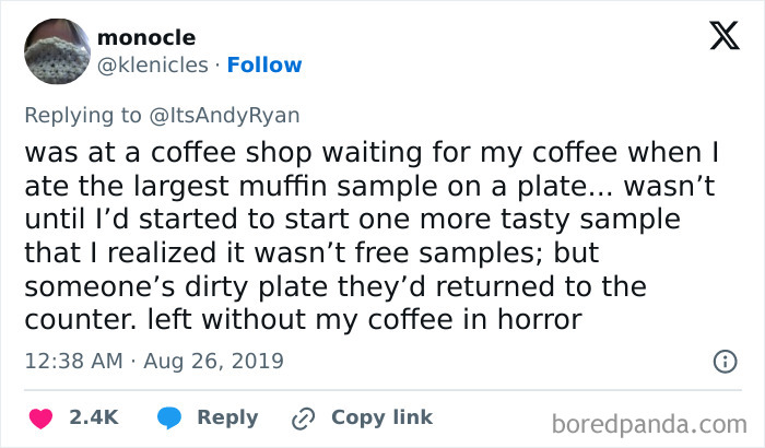 A screenshot of a tweet by @klenicles about an embarrassing moment of eating a dirty muffin sample.