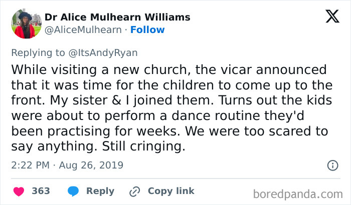 A tweet from Dr Alice Mulhearn Williams about embarrassing moments at church, mistaking a kids dance routine for communion.