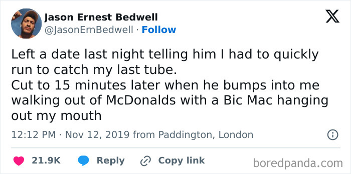 A tweet by Jason Ernest Bedwell describing an embarrassing moment being caught eating a Big Mac after leaving a date early.