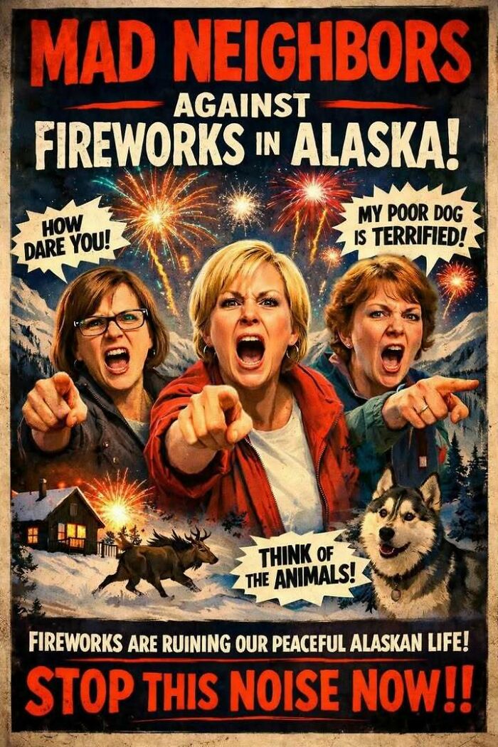 A humorous poster showing angry women pointing, with fireworks in Alaska, scared dog, and a running moose. Sums up living in Alaska.