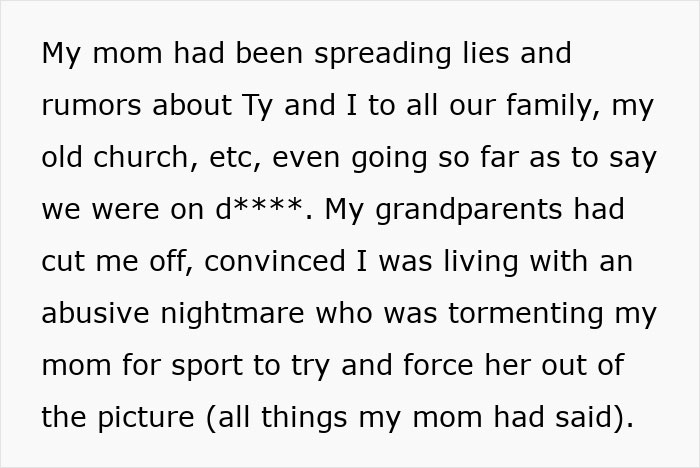 Text screenshot showing a woman sharing a crazy story about her mom spreading lies and causing family conflict.