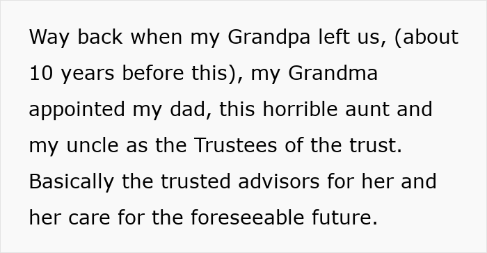 Text excerpt describing family trust and trustees, highlighting issues with a trusted aunt and financial care arrangements.