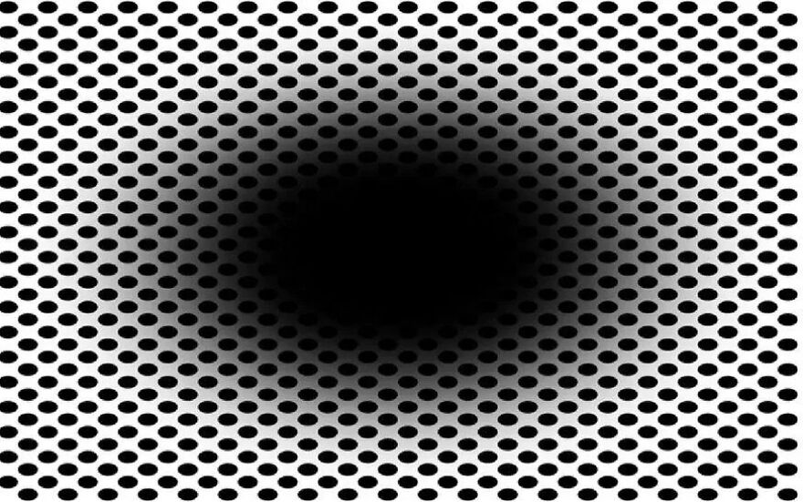 Brain-bending optical illusion: A grid of black dots on a white and gray background, creating a central expanding black hole.