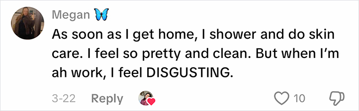 Comment from Megan expressing feeling disgusting at work due to office air, contrasting with feeling clean at home.