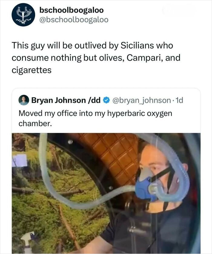 Meme showing a man in a hyperbaric oxygen chamber with relatable humor about lifestyle and quitting.