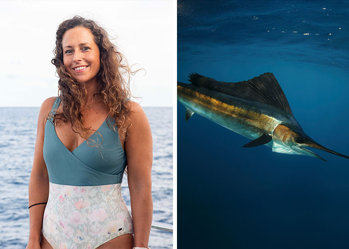 A smiling woman in a swimsuit on a boat next to a sailfish underwater. Freak accidents can happen anywhere.