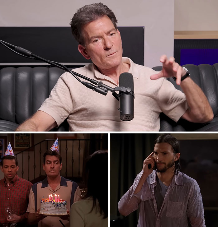 Charlie Sheen discussing TV shows canceled over scandalous controversies, along with scenes from Two and a Half Men.