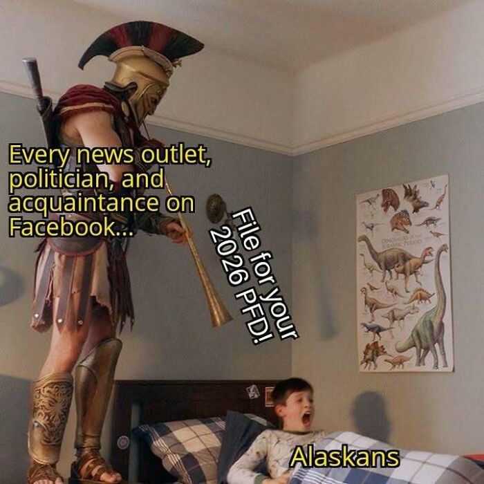 Hilarious meme shows a Roman soldier waking a boy, symbolizing Alaskans bothered by 2026 PFD reminders.