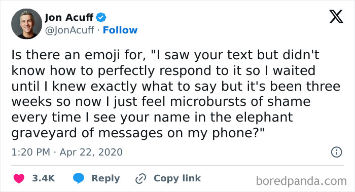 Tweet showing a relatable, strangely specific message about delayed text replies and feeling microbursts of shame.