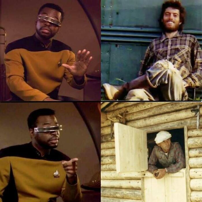 A meme showing Geordi La Forge reacting to men living in Alaska, one with a beard and another in a log cabin. Hilarious memes.