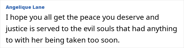 Comentário expressando esperança de paz e justiça para os restos mortais da mãe desaparecida encontrados por caminhantes mais de um ano após o desaparecimento