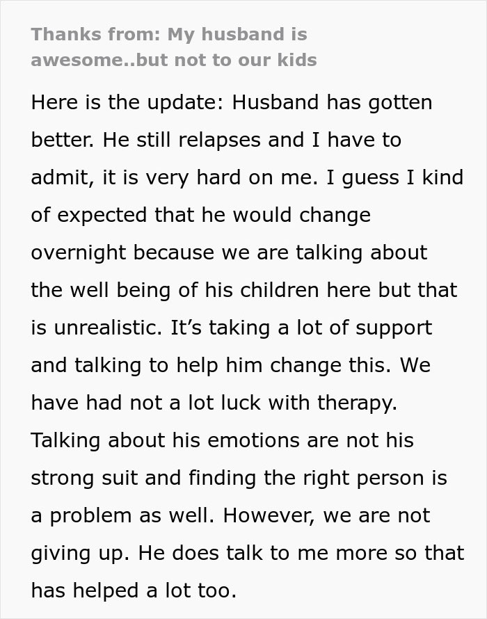 Alt text: Mom shares her husband is awesome to her but struggles being a jerk to their kids, working through challenges and progress.