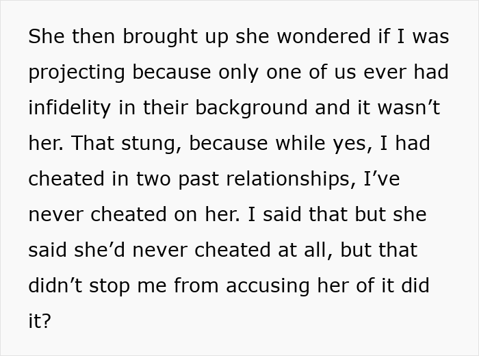 Text snippet about infidelity, showing the man's past cheating affecting his current relationship, highlighting the paternity test drama.