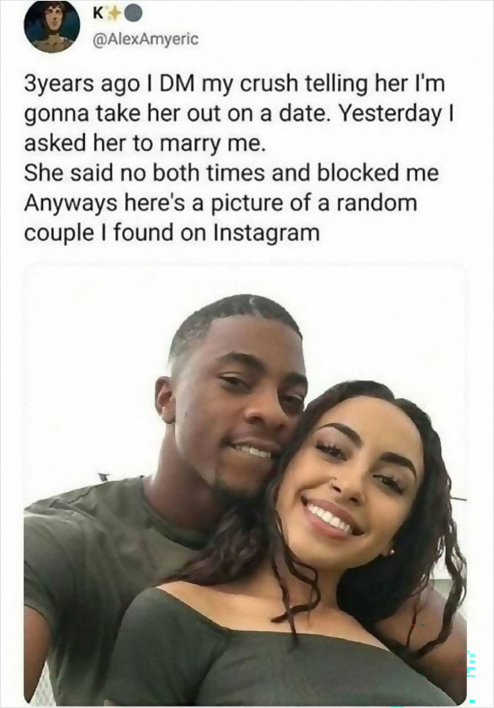 Social media meme about rejection paired with a smiling couple photo, illustrating wild memes for a better day.