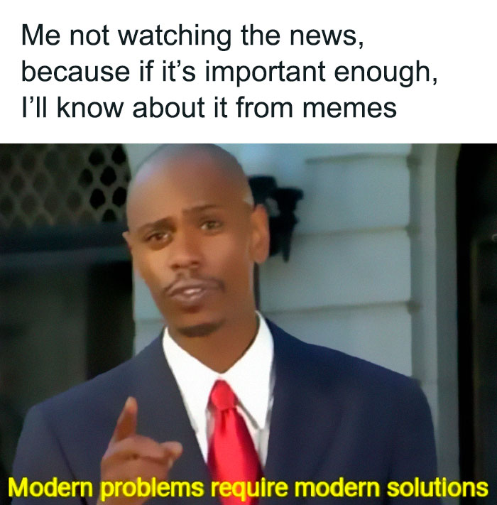 Man in a suit sharing a relatable meme about adulthood with text on modern problems and solutions.