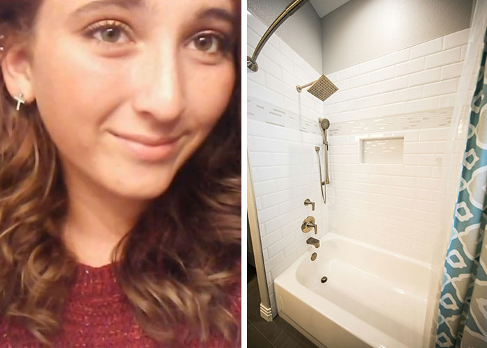 A young woman smiling next to a modern tiled bathroom with a tub and shower. Victims of freak accidents.
