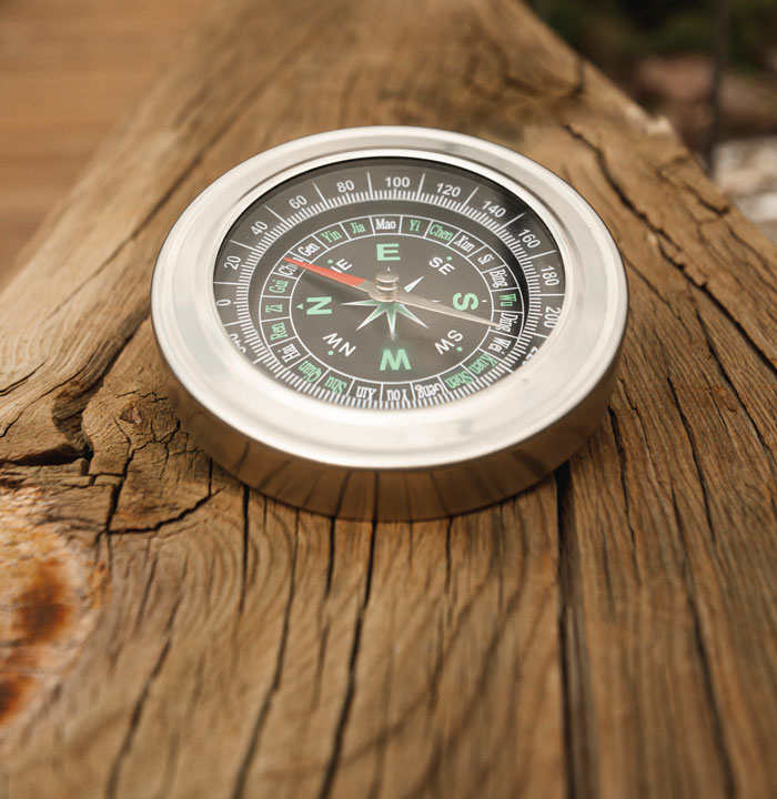 A silver compass with a black face resting on a piece of weathered wood, symbolizing moments when dating became a clear direction.