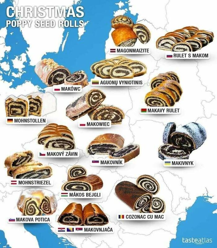Map of Eastern European poppy seed rolls with names from various countries, illustrating relatable Eastern European memes.