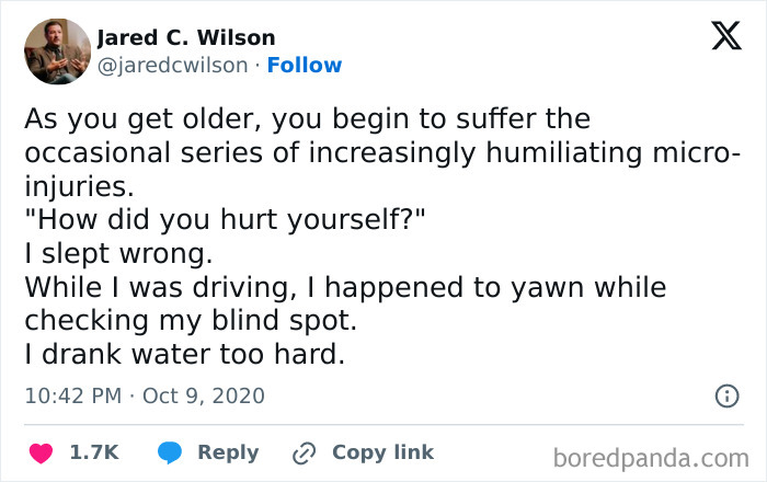 Tweet about relatable micro-injuries and awkward moments, featured in painfully relatable memes collection.