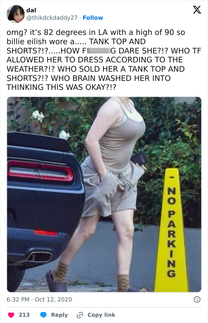 A social media post from Oct 12, 2020, about Billie Eilish's attire, highlighting things that went down 6 years ago.