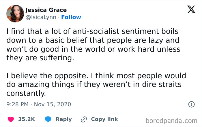 A tweet from Jessica Grace about anti-socialist sentiment, arguing people do good without suffering. Relates to affording billionaires.