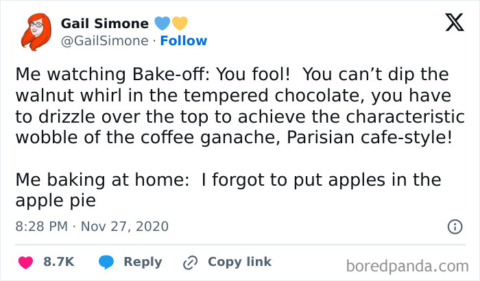 Tweet showing a relatable moment about baking specifics and homemade apple pie, highlighting strangely specific details.