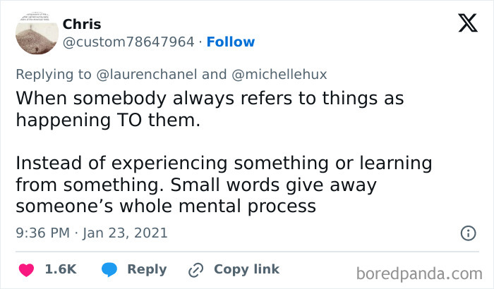 A tweet from Chris about a red flag: someone always refers to things as happening TO them. This relates to therapy and relationships.