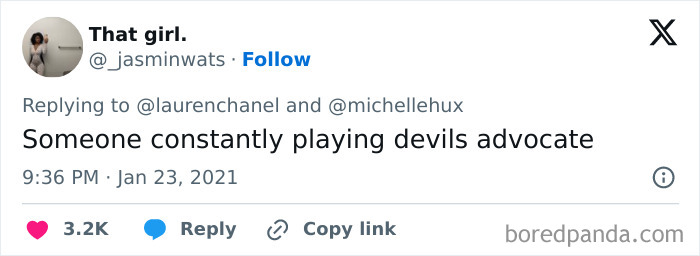 A screenshot of a tweet by @__jasminwats saying "Someone constantly playing devils advocate" as a relationship red flag.