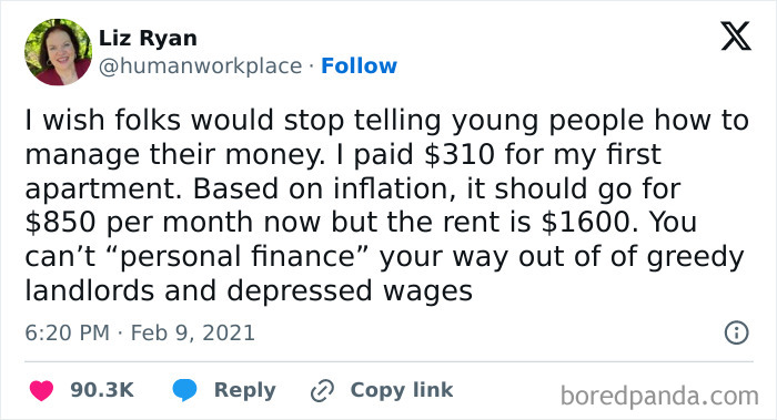 Tweet about rising rent prices and financial struggles reflecting challenges of life in America today.