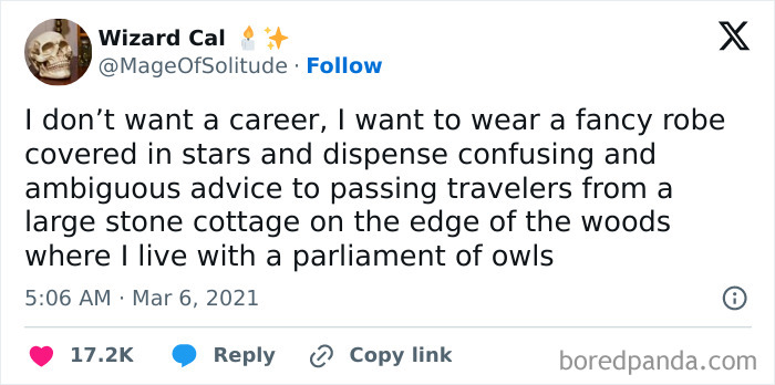Tweet about wanting to wear a fancy star-covered robe and give confusing advice, showing strangely specific and relatable humor.