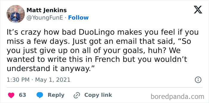 Tweet by Matt Jenkins humorously describing how DuoLingo makes users feel guilty for missing language practice days.
