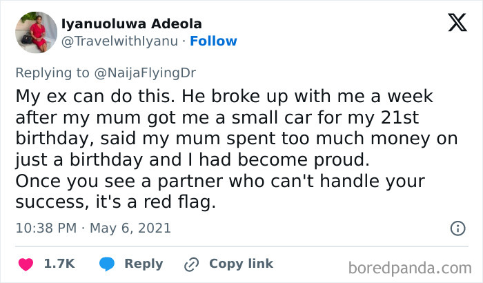 A tweet from Iyanuoluwa Adeola about red flags in relationships, where an ex broke up with her after her birthday.