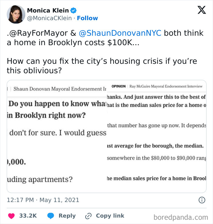 Tweet highlighting a housing crisis misunderstanding in Brooklyn, showing absurdly low median home price estimates.