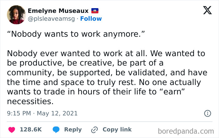 A tweet from Emelyne Museaux discussing people wanting to retire and not work, highlighting the desire for purpose, community, and rest.
