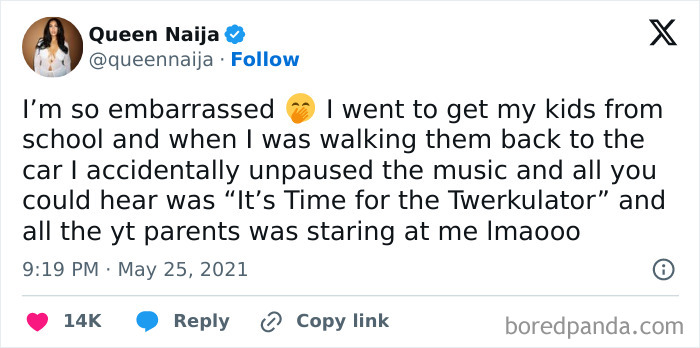 A screenshot of a tweet from Queen Naija about an embarrassing moment picking up her kids from school.