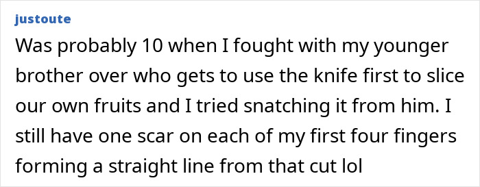 Text post about a person’s tough and painful injury story involving knife cuts on their fingers from childhood.