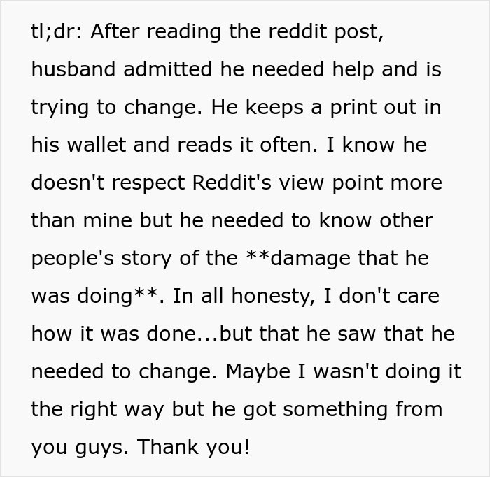 Text post from a mom about her husband being awesome to her but a complete jerk to their kids, seeking help and change.