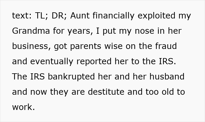 Alt text: Nibling exposes aunt&rsquo;s financial fraud, leading to IRS penalties and bankruptcy over $420K in family exploitation case
