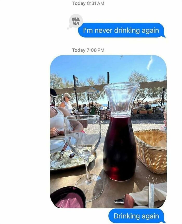 Text message meme showing a wine glass and carafe with captions about drinking, featuring unhinged and wild memes humor.