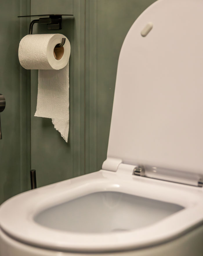 A clean white toilet with its lid open, next to a roll of toilet paper on a dark holder against a green wall, highlighting gross office stories.