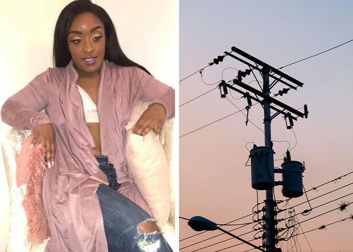 A woman seated, next to a power pole. This could be one of the people who lost their lives in freak accidents.