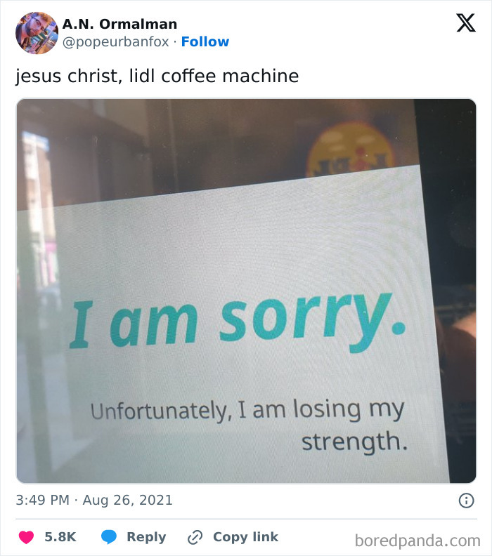 Funny apology message on a Lidl coffee machine screen losing strength