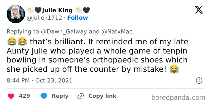 A tweet from Julie King describes her aunt bowling in orthopaedic shoes by mistake, a truly embarrassing moment.