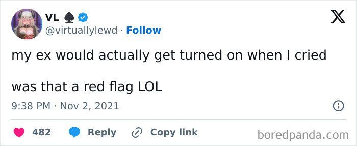 A tweet from @virtuallylewd asking if an ex getting turned on by crying is a red flag, discussing relationship issues.